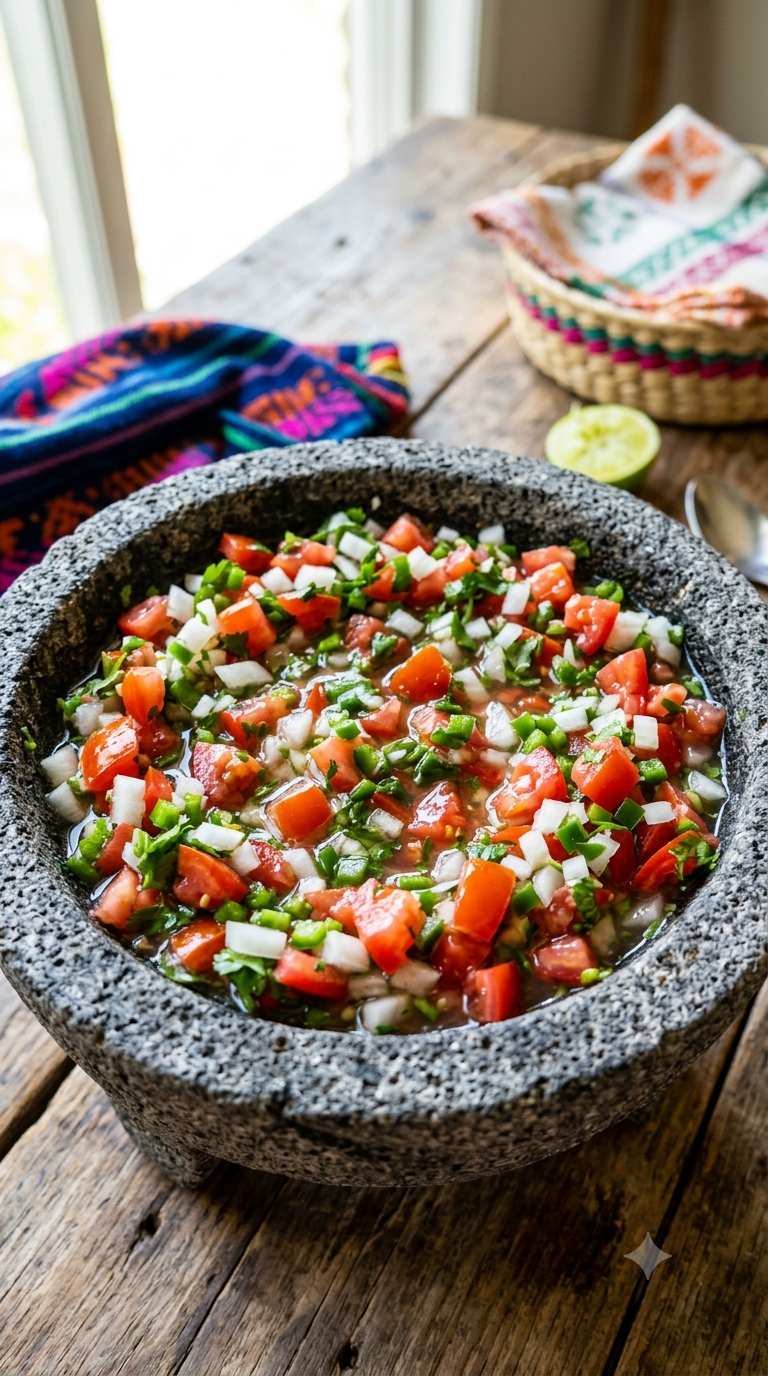 Pico de gallo fraîchement préparé dans un molcajete en pierre traditionnel