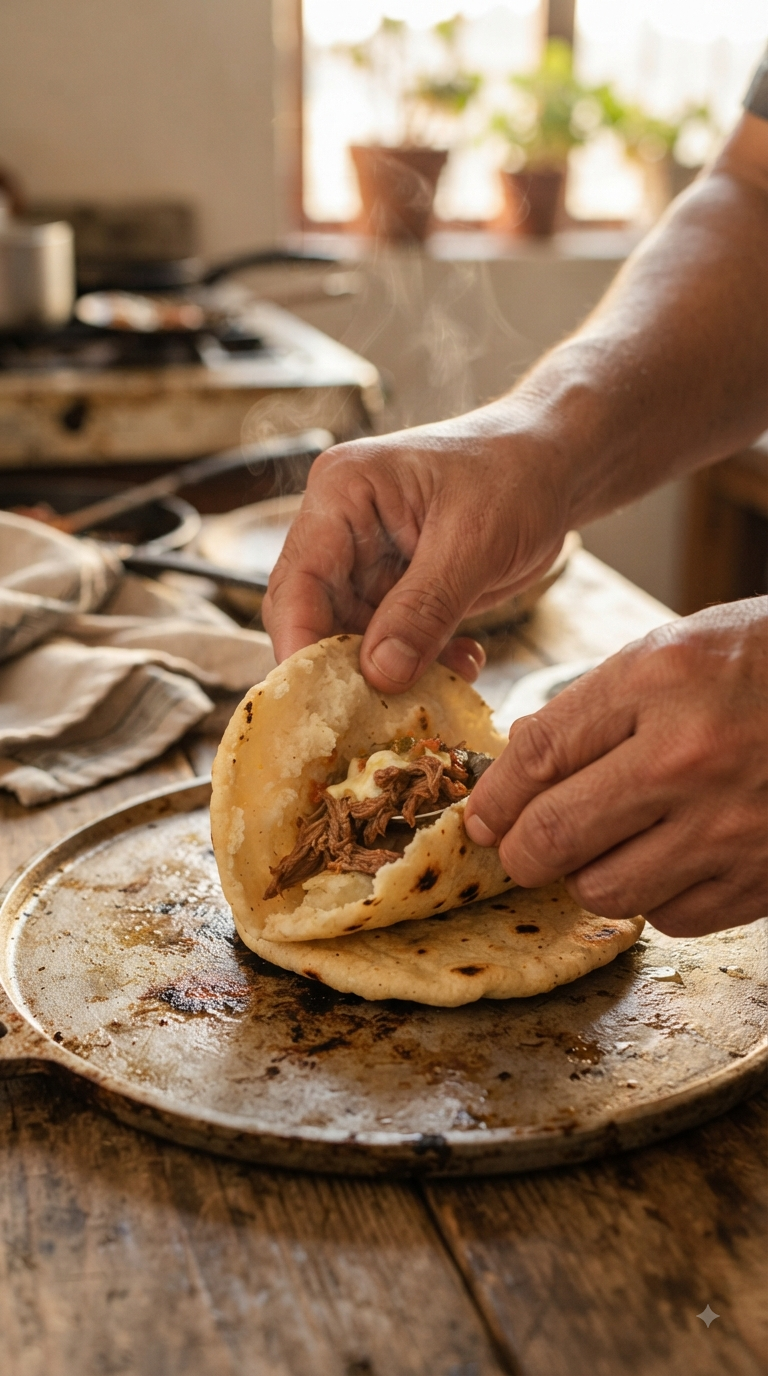 Mains fendant une gordita chaude pour la garnir