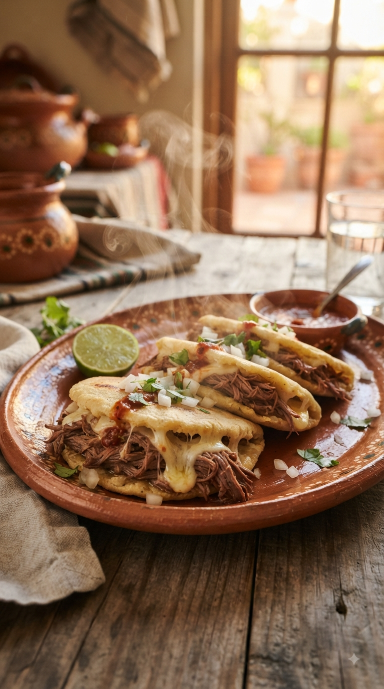 Gorditas mexicaines garnies de fromage et de viande effilochée