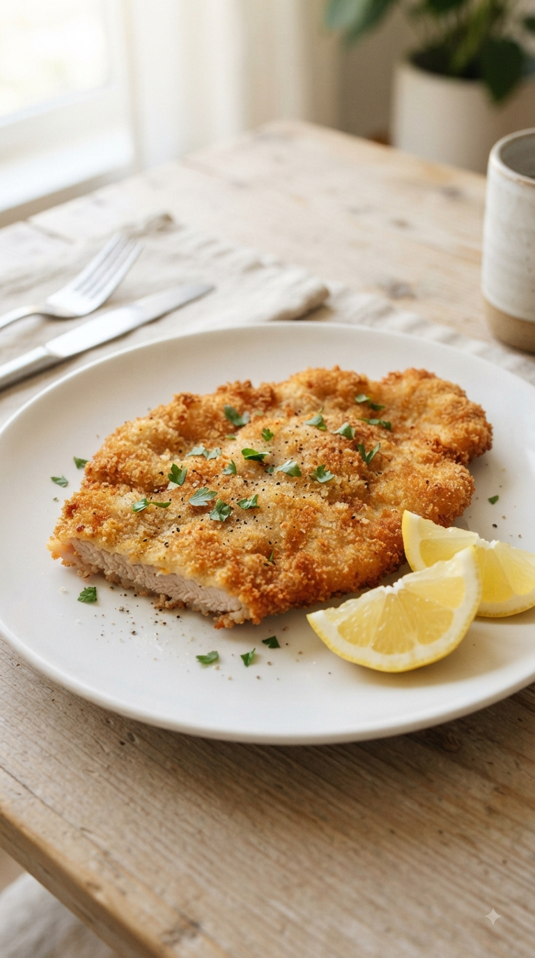 Milanesa argentine dorée et croustillante servie avec quartiers de citron