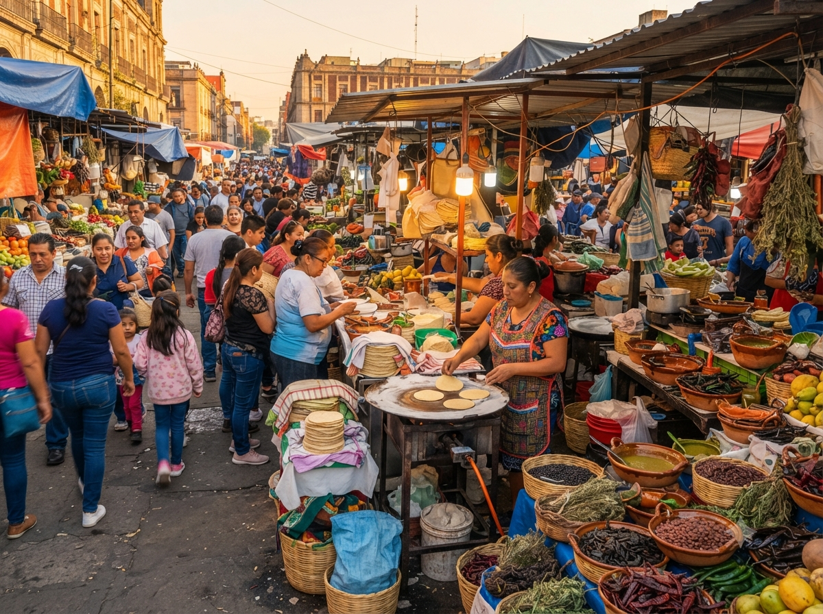 Marché de rue de Mexico avec étals de tortillas fraîches