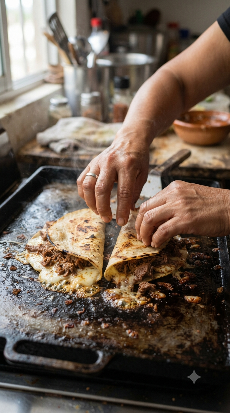 Mains refermant deux tortillas garnies de fromage et viande sur une plancha