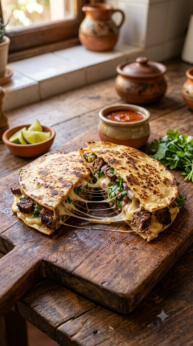 Mulita mexicaine coupée en deux, fromage fondu filant
