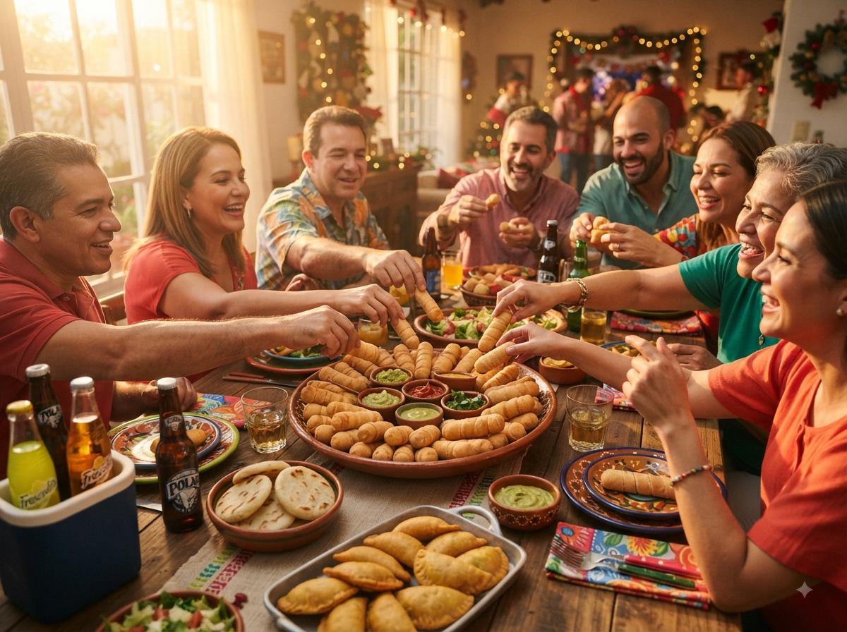 Fête familiale vénézuélienne avec table de tequeños partagés