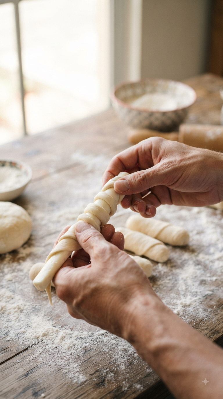 Mains enroulant la pâte autour d’un bâtonnet de fromage