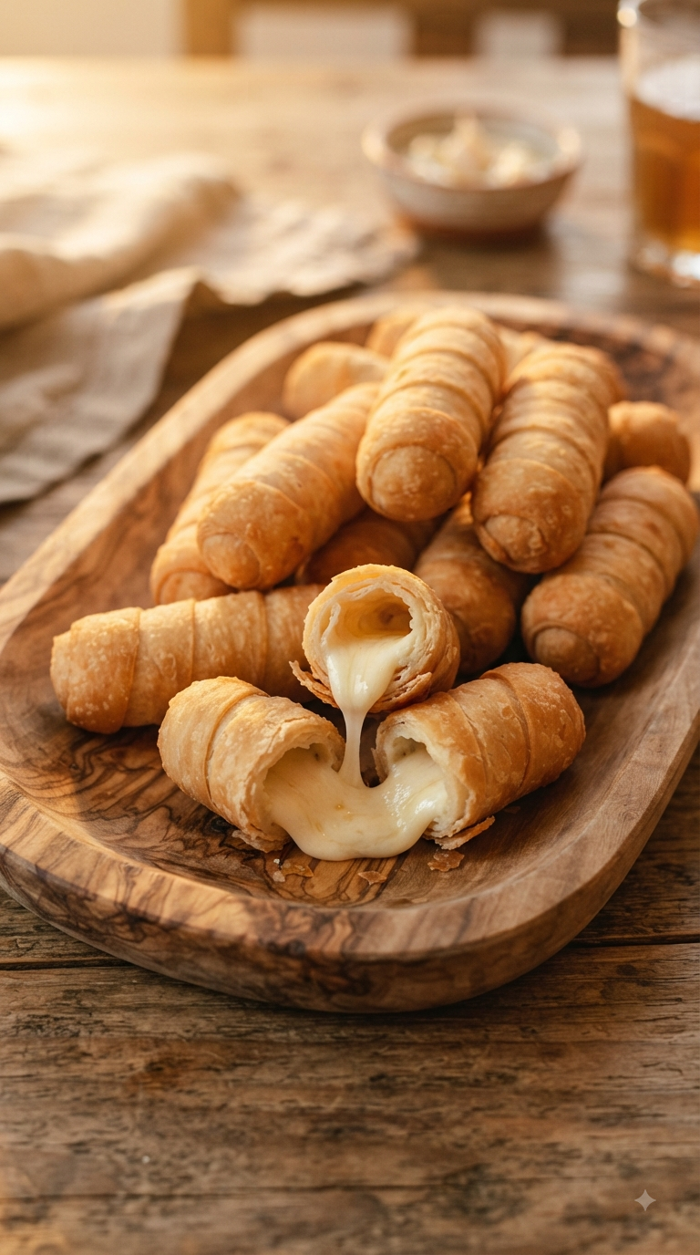 Tequeños vénézuéliens empilés, fromage fondant visible à la coupe