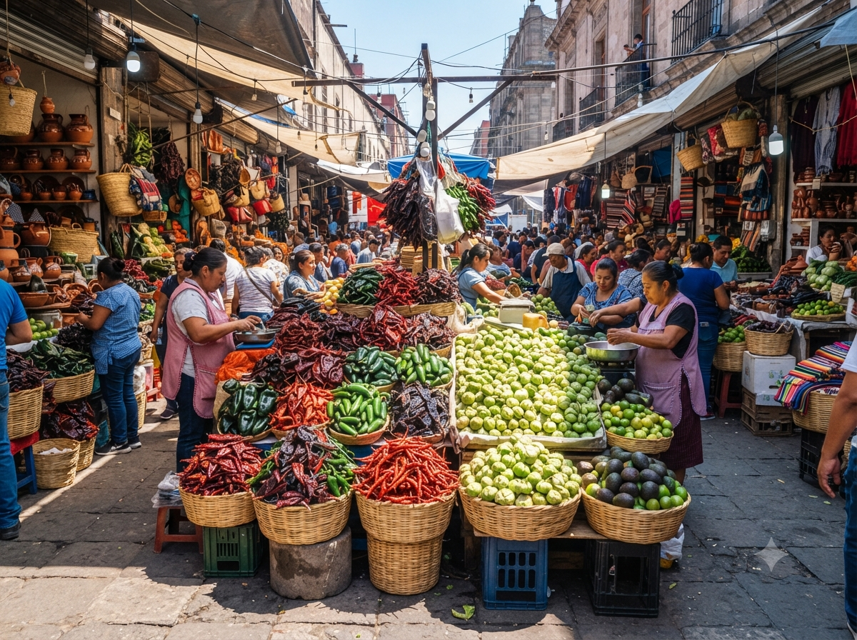 Marché coloré de Mexico avec étals de piments et tomatillos