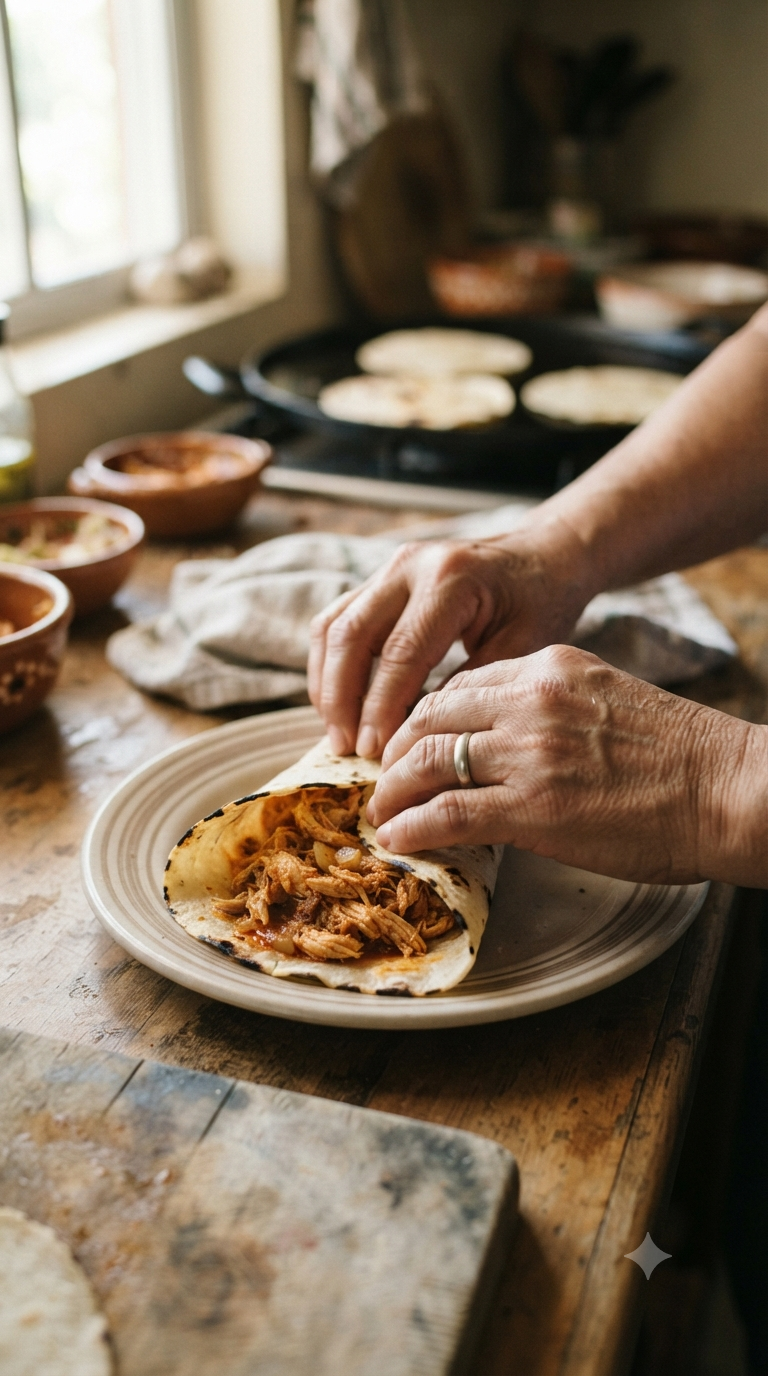 Mains roulant une tortilla garnie de poulet effiloché