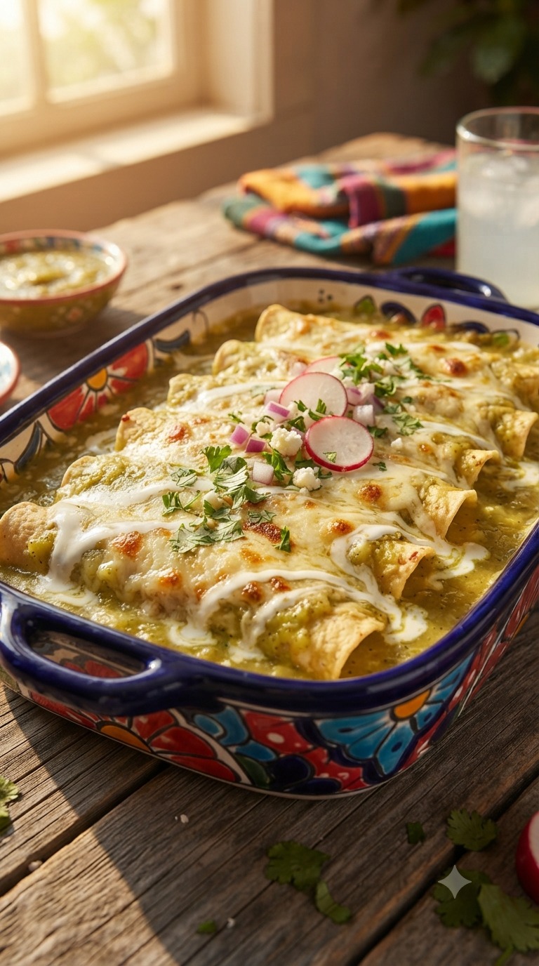 Enchiladas suisses gratinées, sauce tomatillo verte et crème