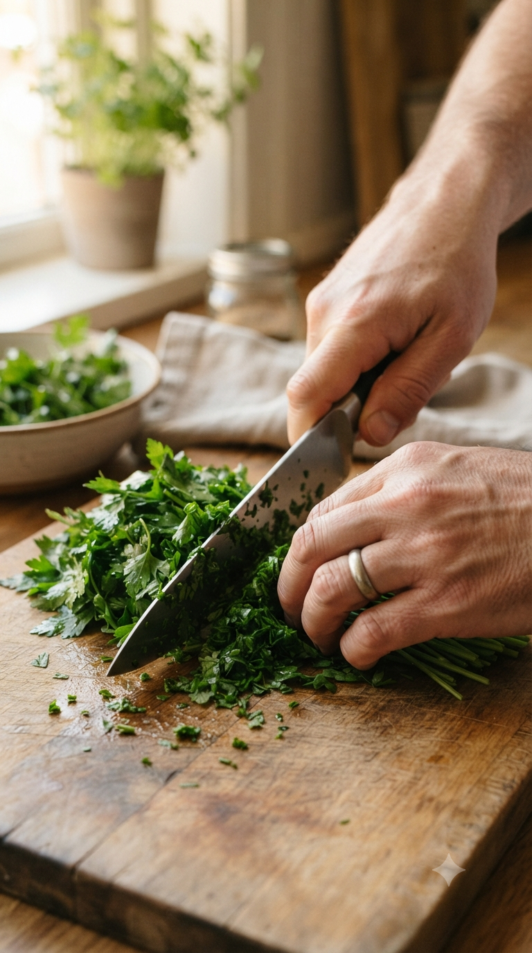 Mains ciselant finement une grande quantité de persil frais