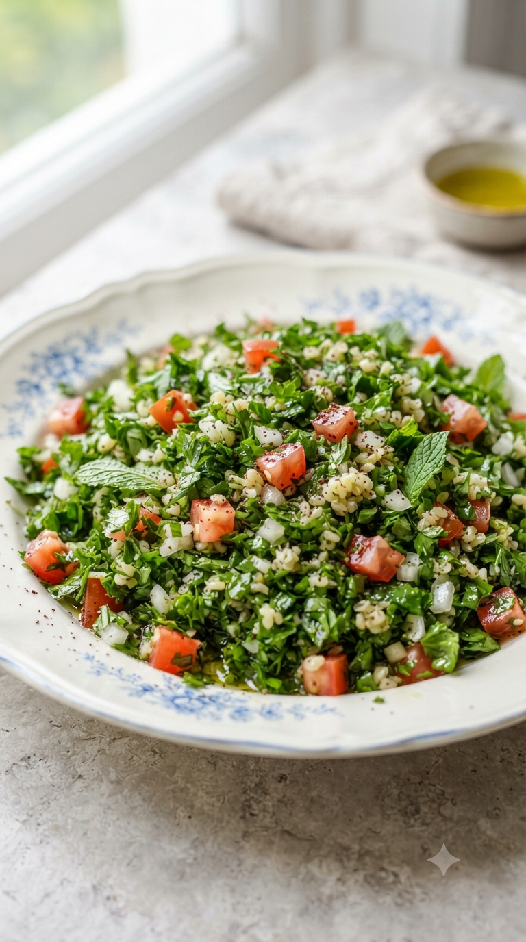 Gros plan sur la texture verte et fraîche du taboulé libanais dans un plat en porcelaine