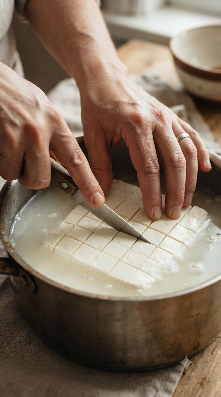 Mains découpant délicatement du lait caillé en morceaux réguliers dans une casserole