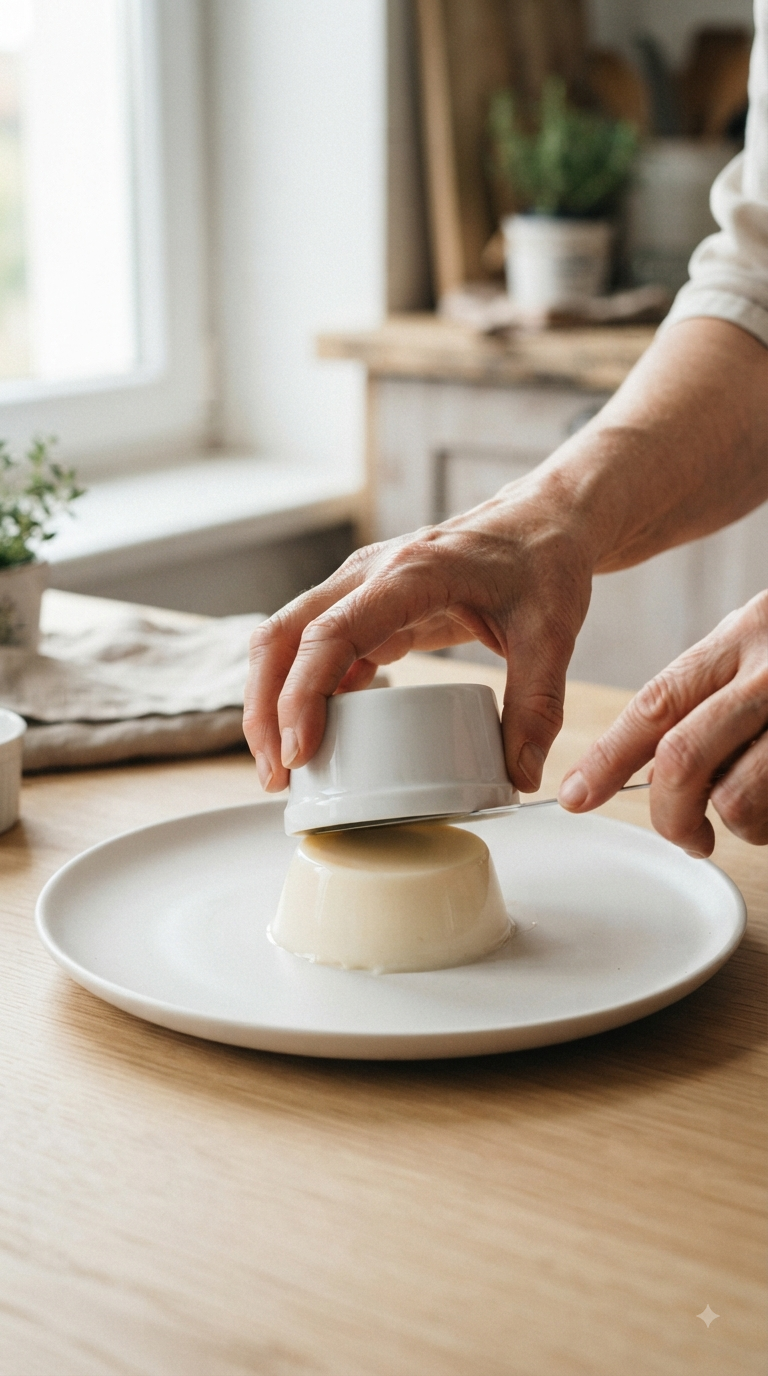 Mains démoulant délicatement la panna cotta