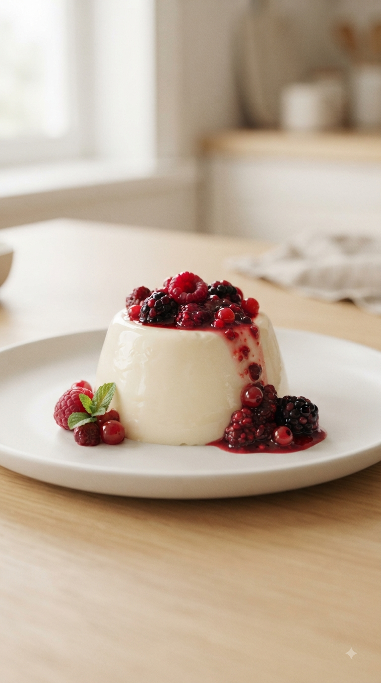 Panna cotta démoulée, texture soyeuse et tremblotante bien visible