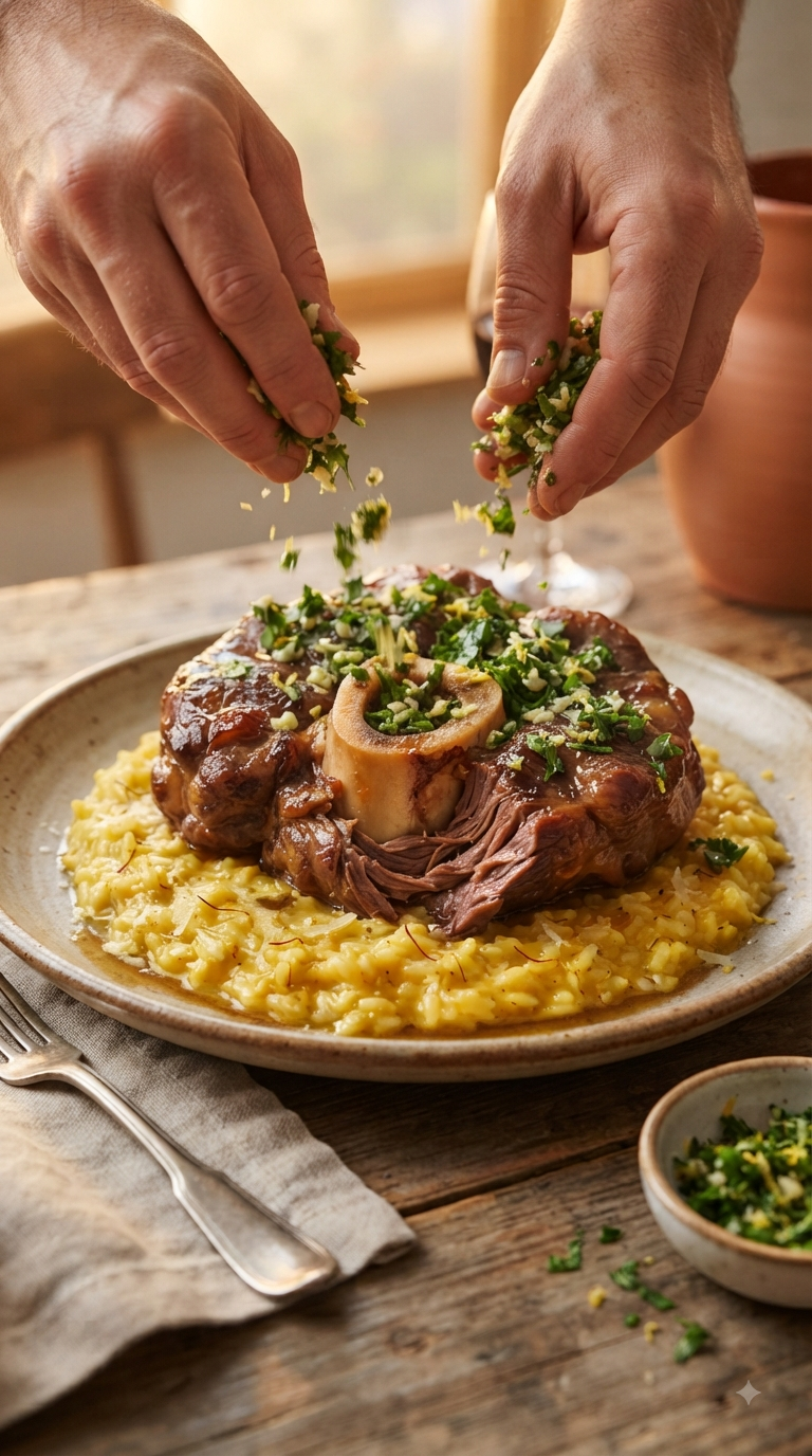 Mains parsemant la gremolata sur l’osso buco
