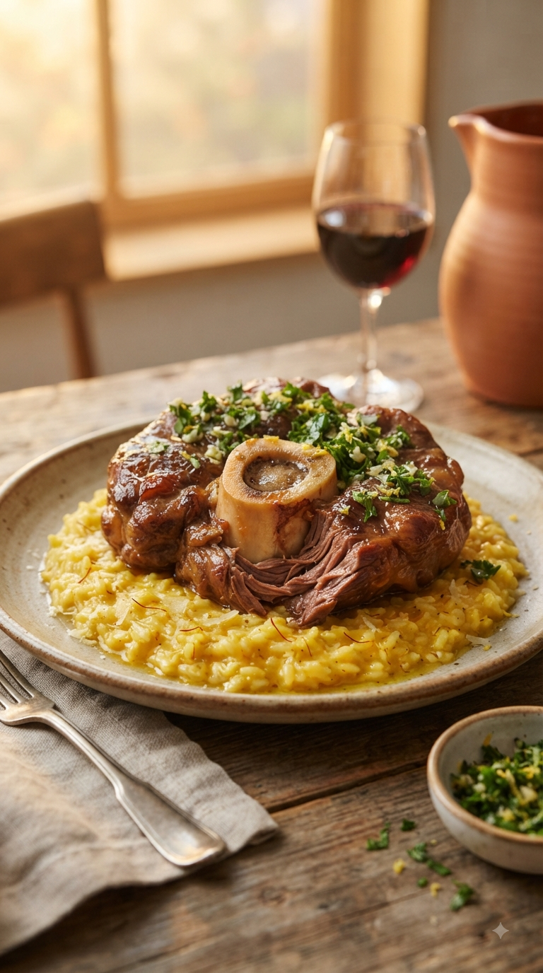 Osso buco mijoté servi avec risotto milanais doré au safran