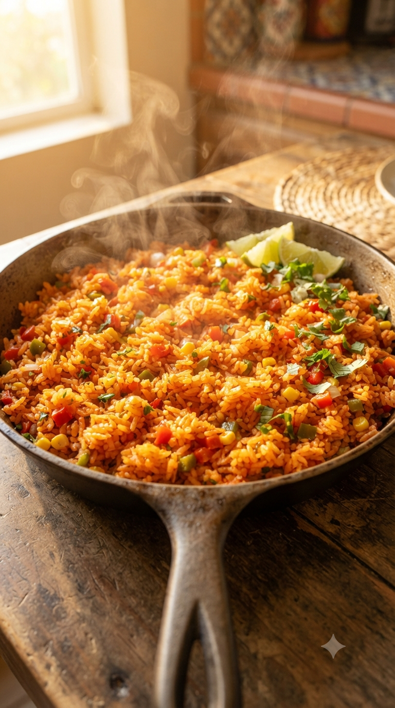 Riz mexicain orangé en fin de cuisson dans une poêle en fonte