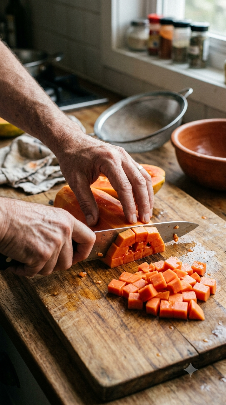 Mains découpant une papaye fraîche en petits dés réguliers