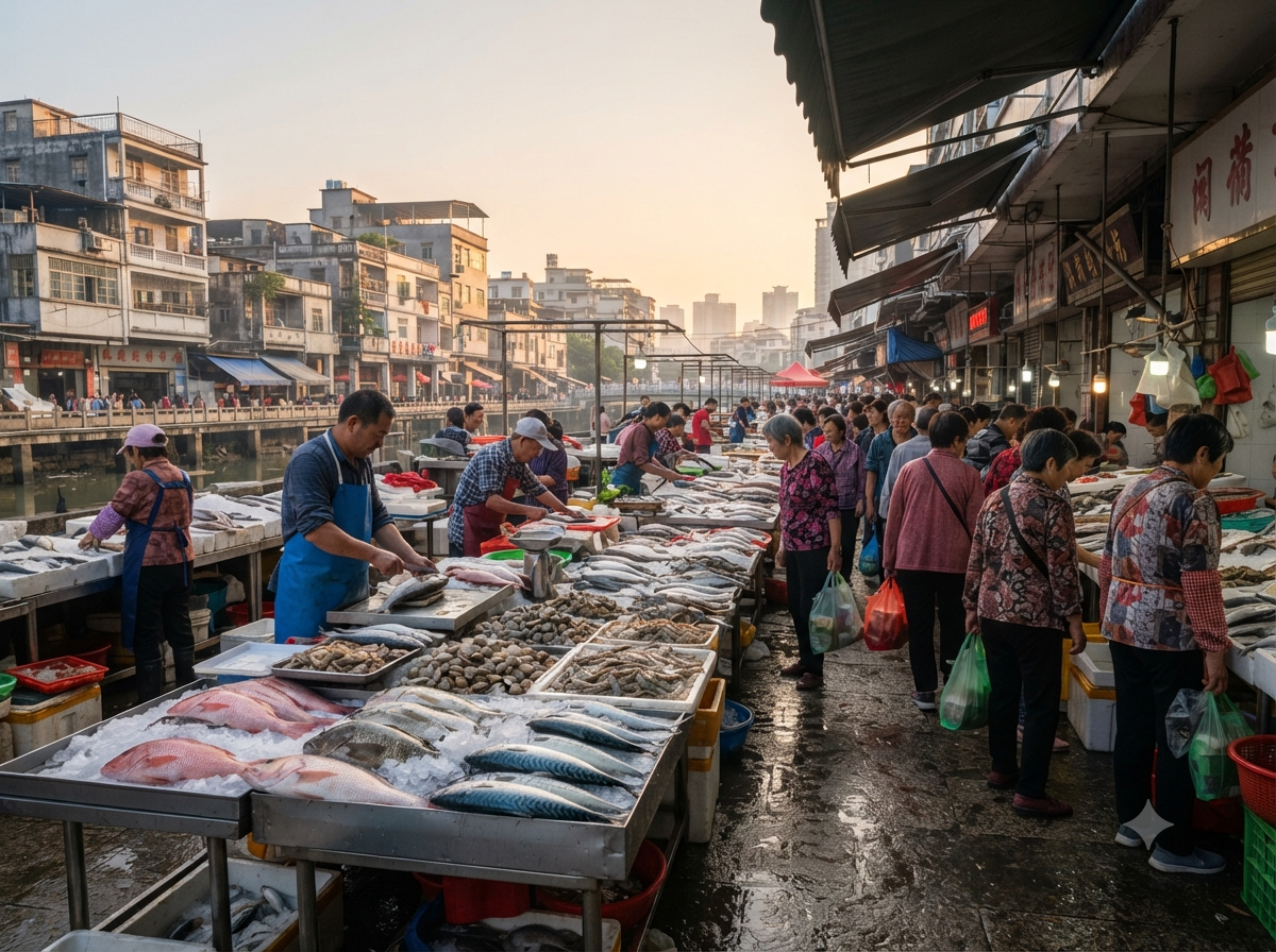 Marché matinal de Canton avec étals de poissons frais