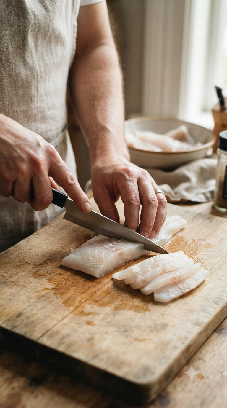Mains tranchant finement du poisson blanc frais sur une planche à découper