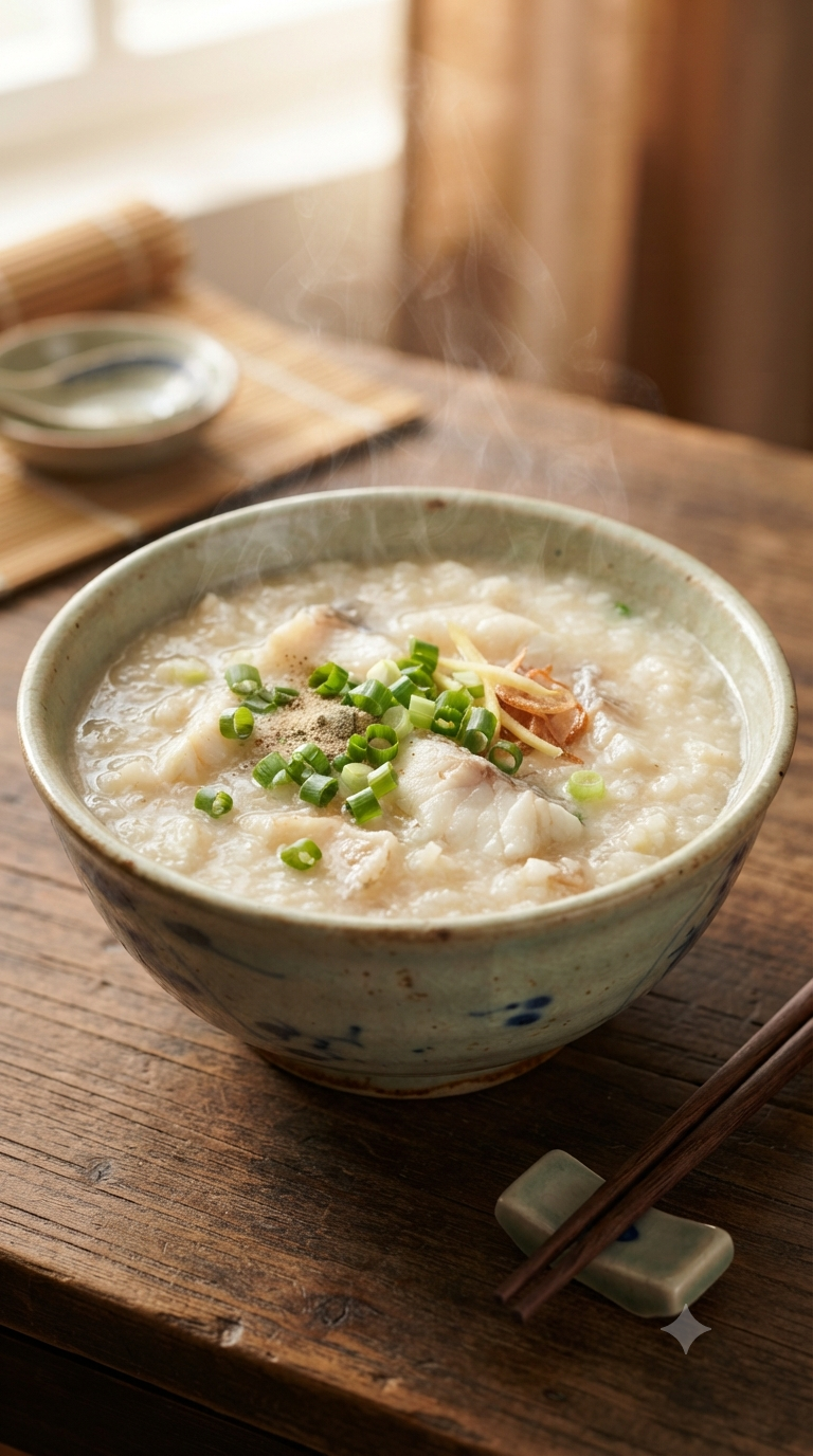 Congee de poisson fumant servi dans un bol en céramique chinoise