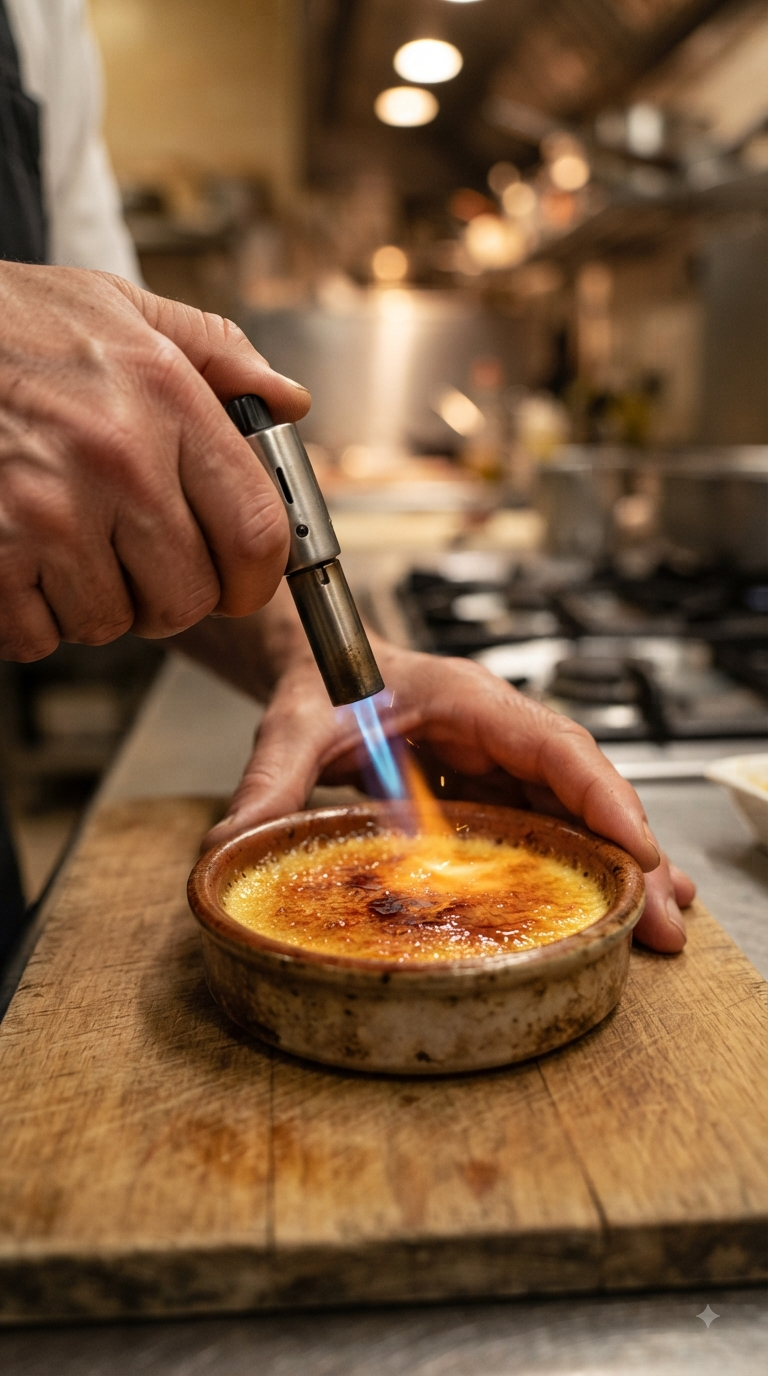 Mains caramélisant le sucre au chalumeau