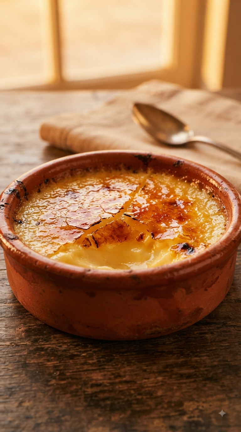 Crema catalana avec croûte de caramel craquante fraîchement brûlée