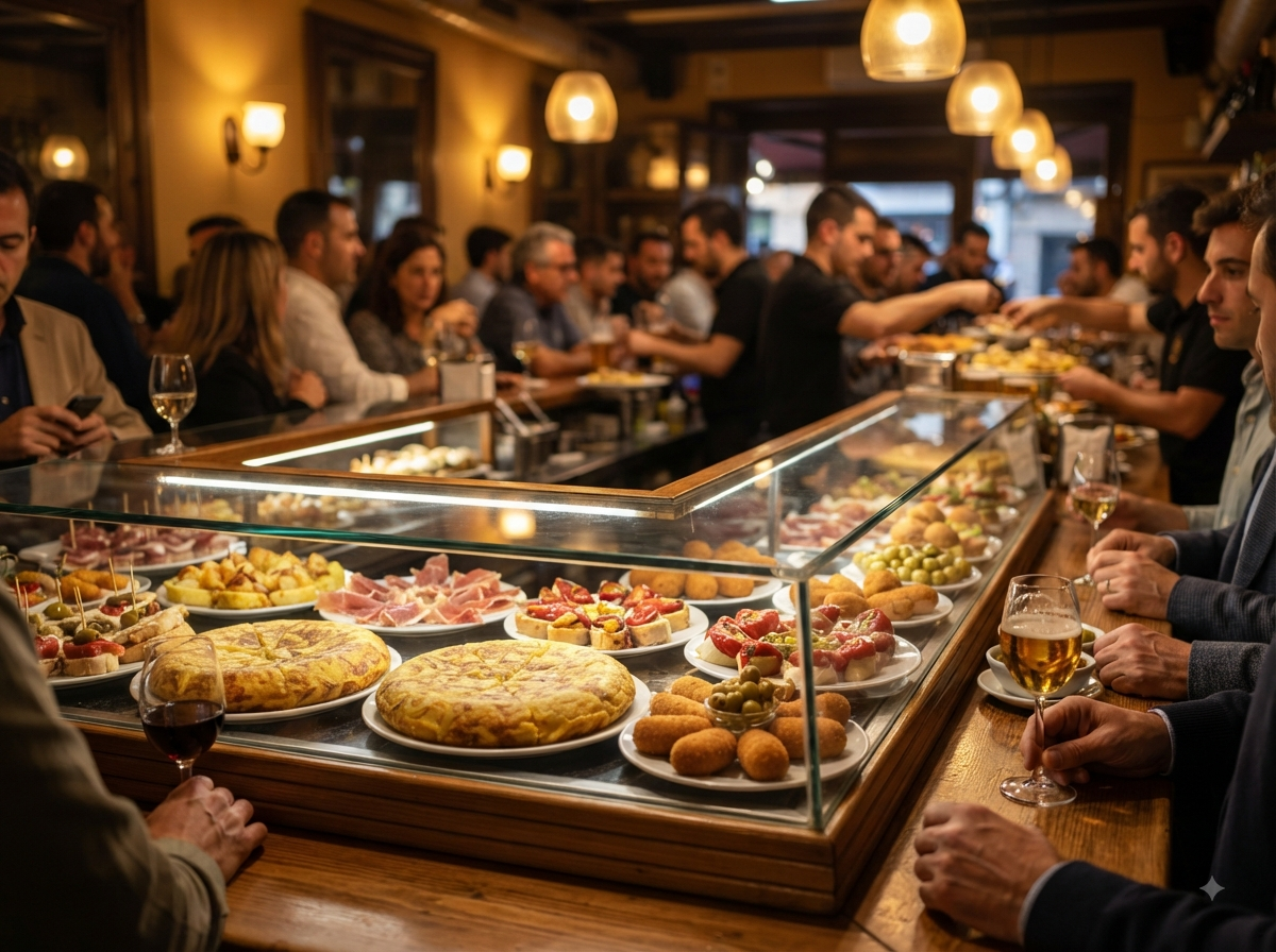 Bar à tapas espagnol avec tortilla en vitrine