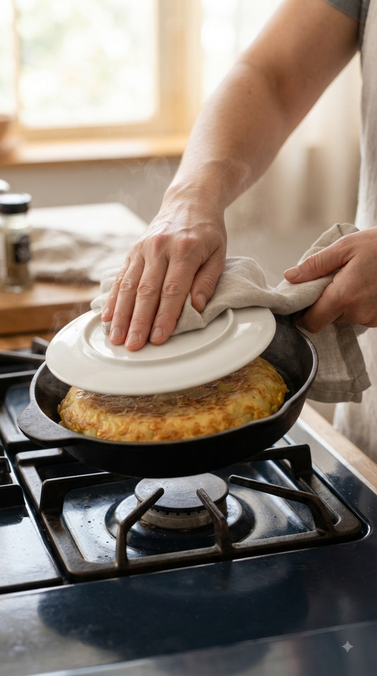 Mains retournant la tortilla à l’aide d’une assiette