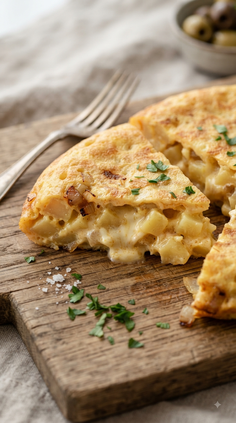 Part de tortilla española coupée révélant l’intérieur fondant