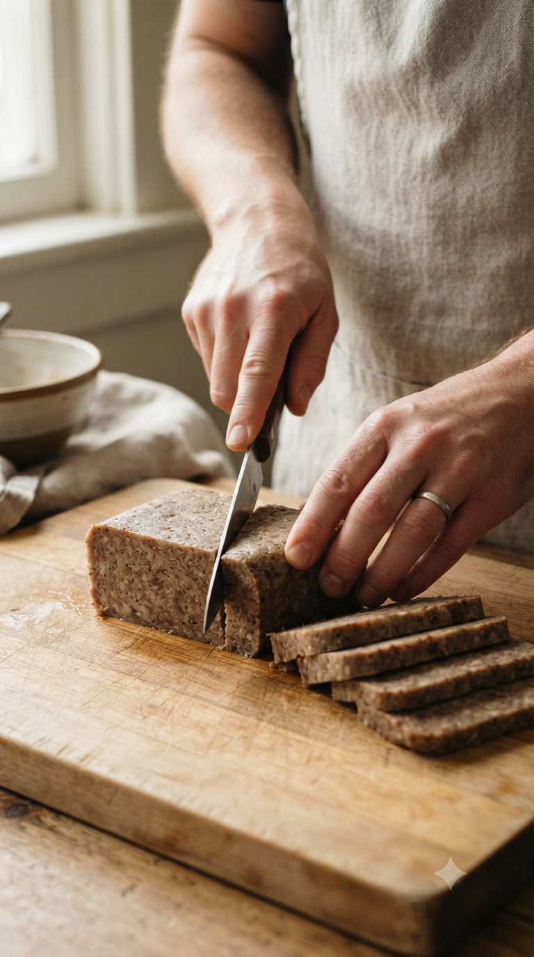 Mains tranchant un pain de scrapple refroidi sur une planche à découper