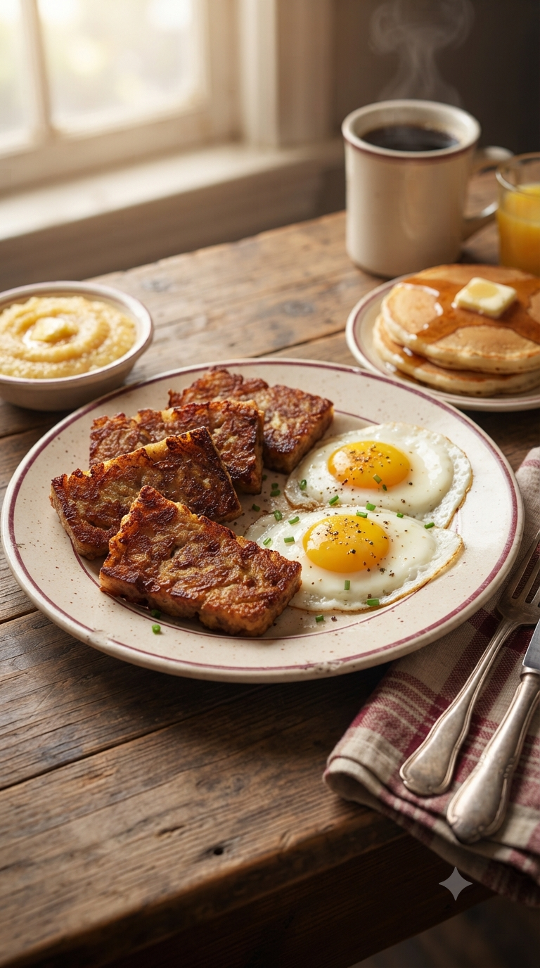 Scrapple tranché et poêlé, croûte dorée et croustillante