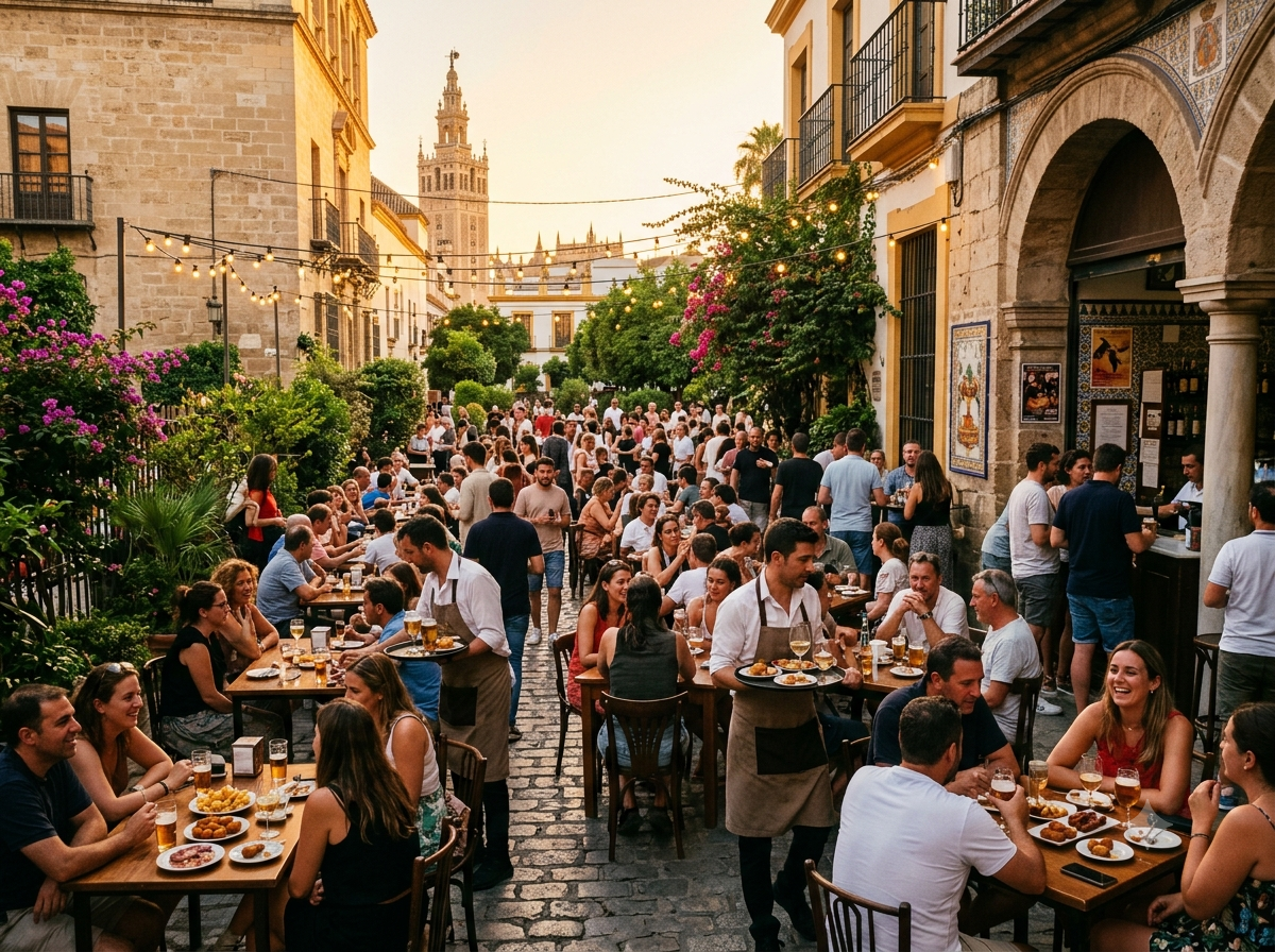 Terrasse animée d’un bar à tapas à Séville