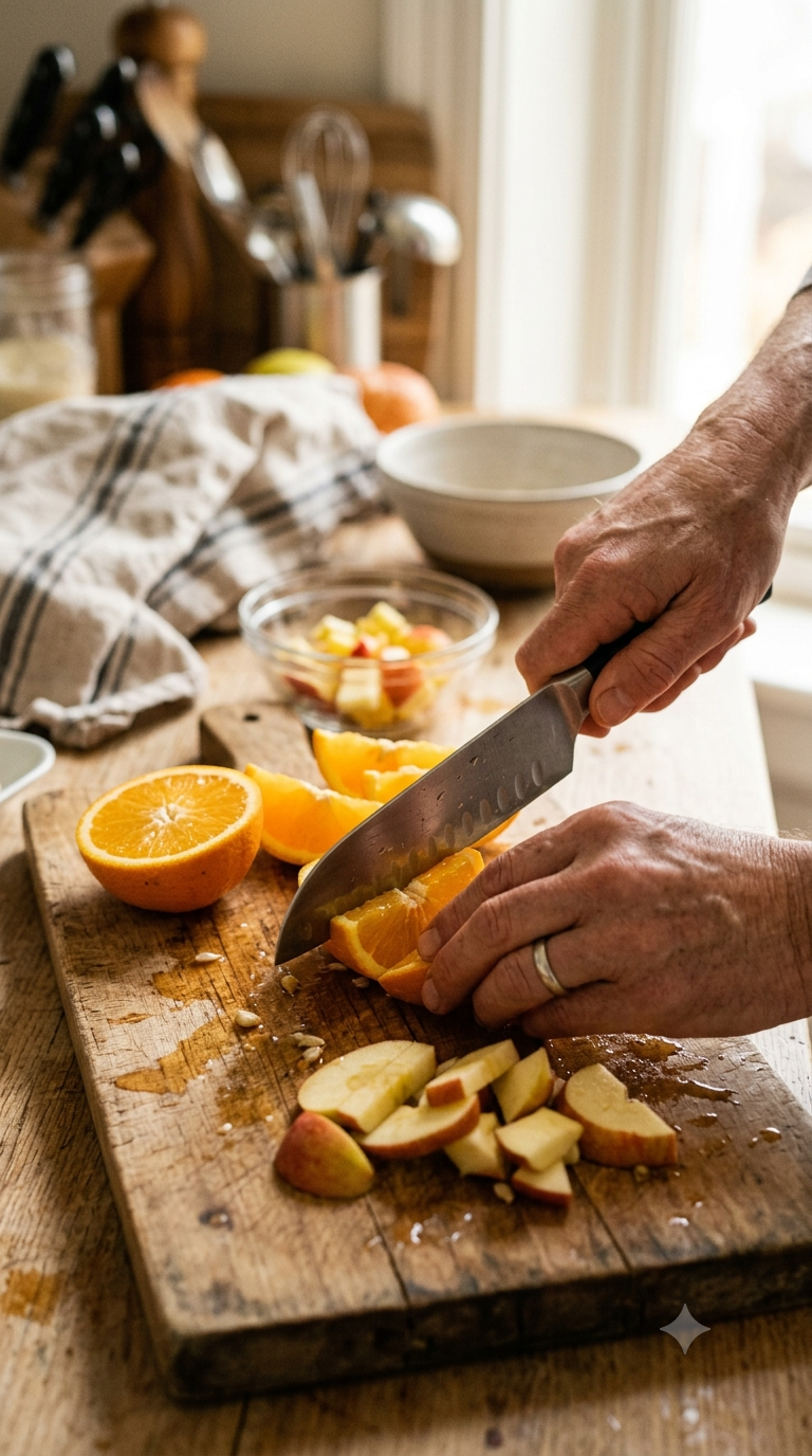 Mains coupant des morceaux d’orange et de pomme sur une planche
