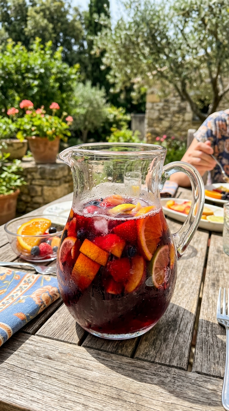 Pichet en verre rempli de sangria rouge rubis avec morceaux de fruits