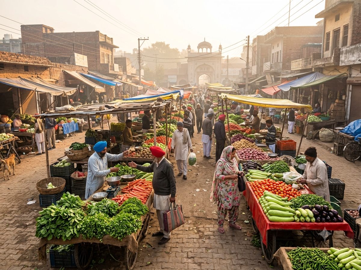 Marché matinal du Penjab avec étals de légumes frais