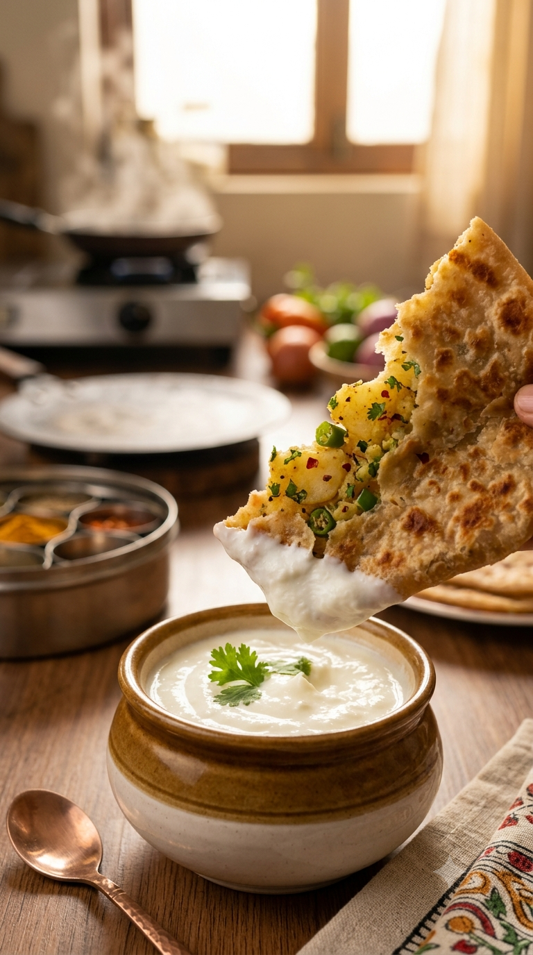 Morceau d’aloo paratha doré trempé dans un pot de yaourt