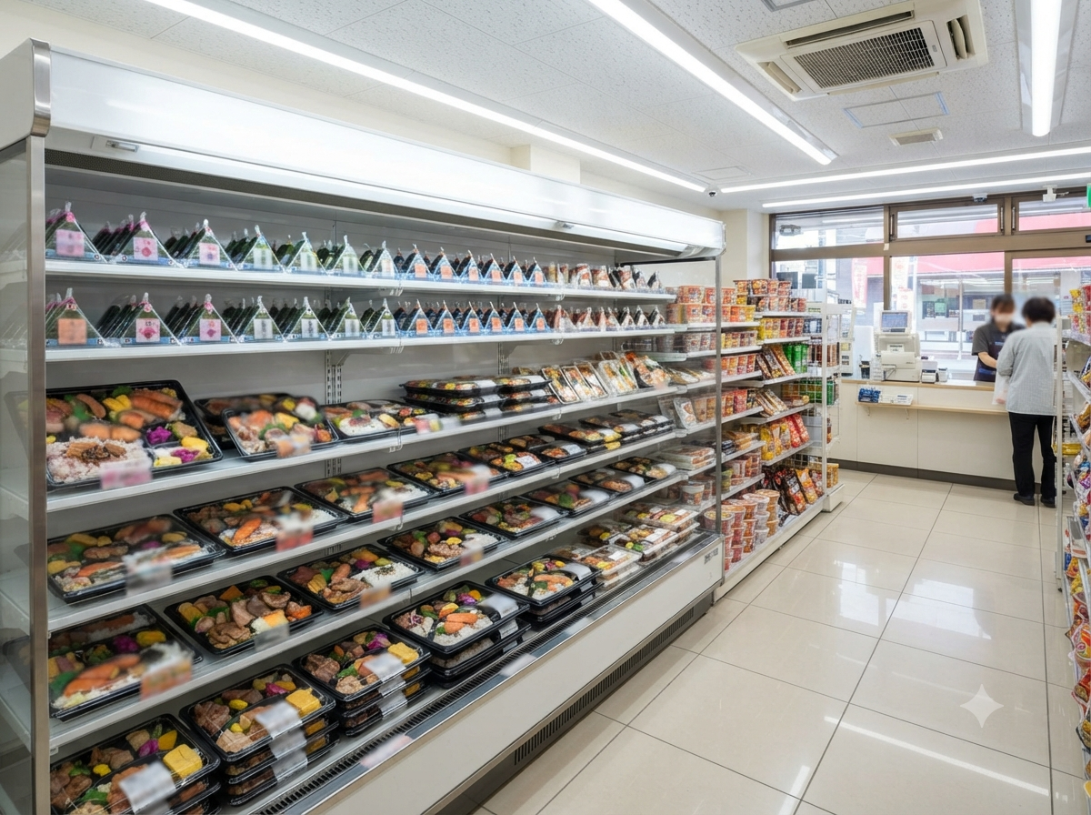 Intérieur d’une supérette japonaise avec présentoir de bento et onigiri