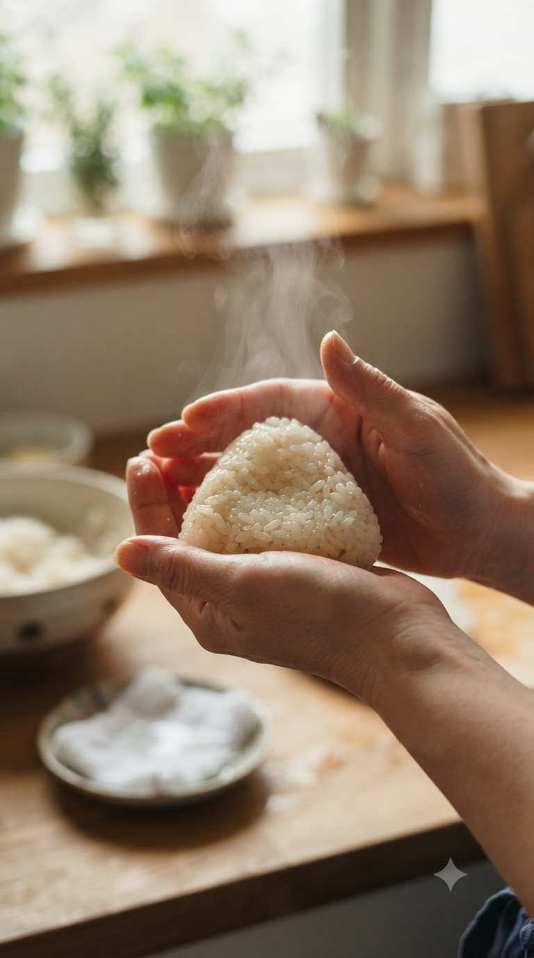 Mains façonnant du riz chaud en forme de triangle