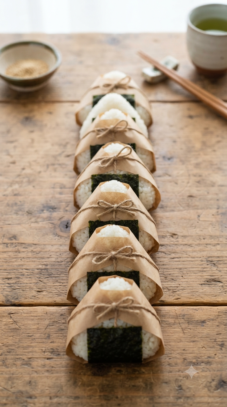 Plusieurs onigiri triangulaires emballés dans du papier kraft, feuille de nori visible