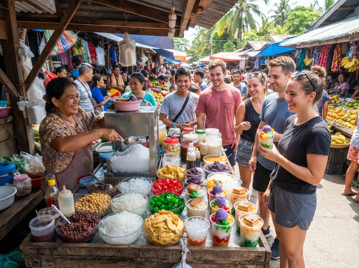 Marché philippin avec étal de desserts glacés colorés