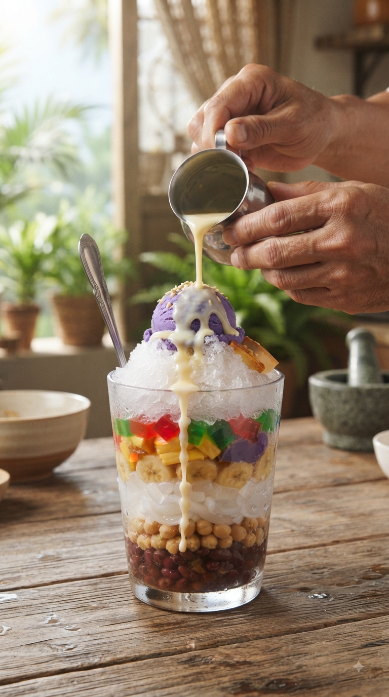 Mains versant le lait évaporé sur le dessert monté
