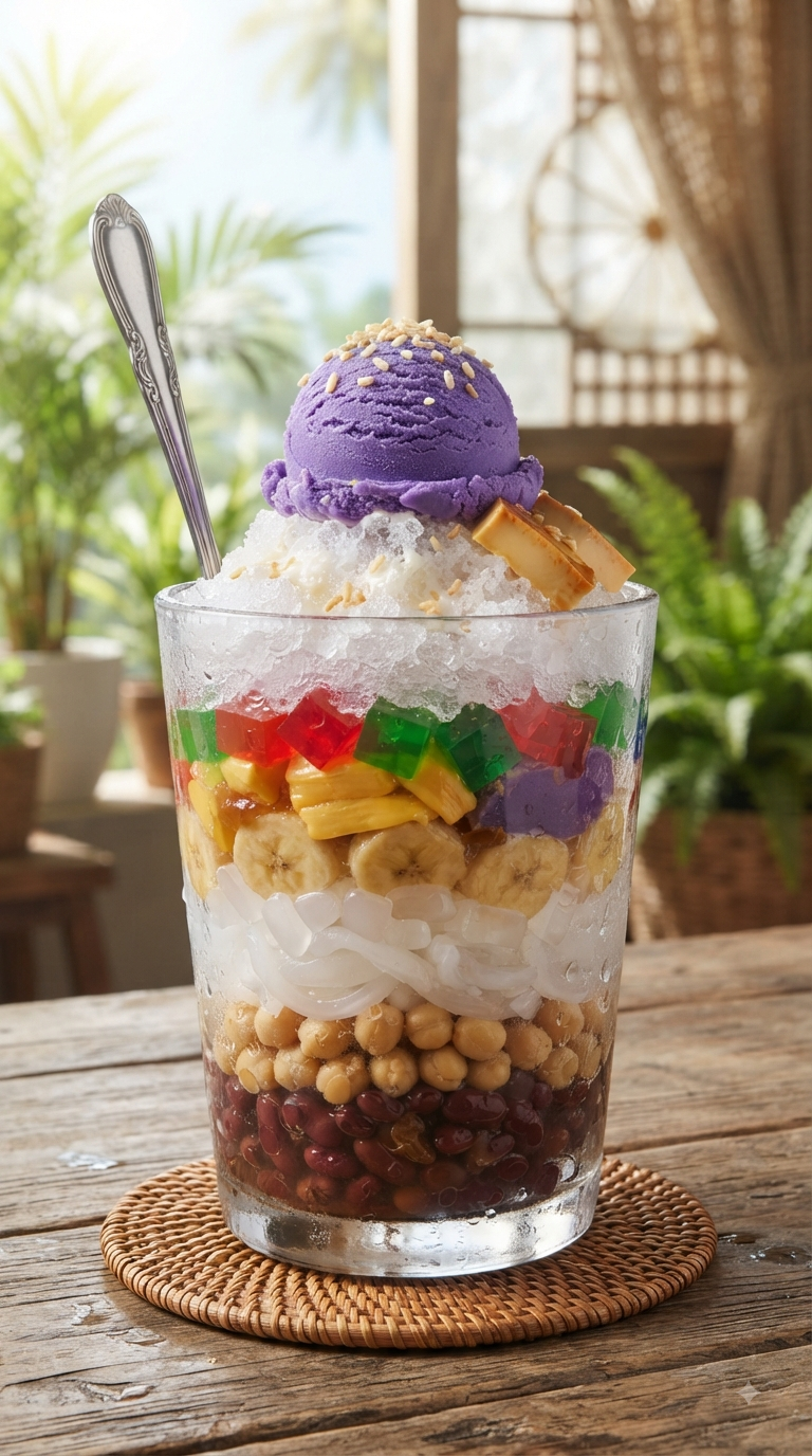 Halo-halo philippin dans un grand verre, couches colorées bien visibles