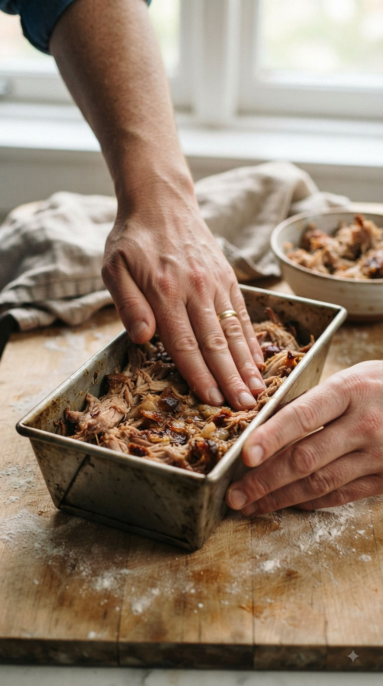 Mains pressant la viande effilochée dans un moule rectangulaire