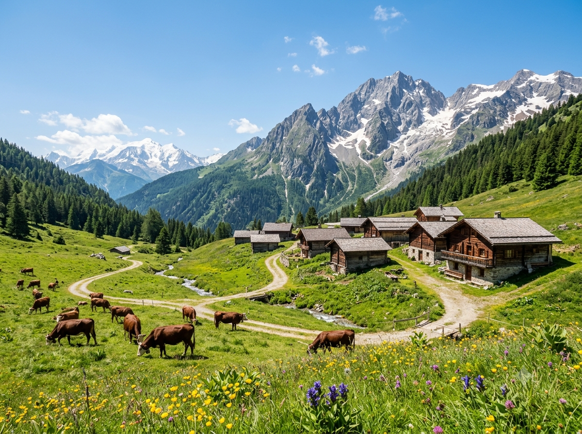 Alpage savoyard avec chalets traditionnels en bois