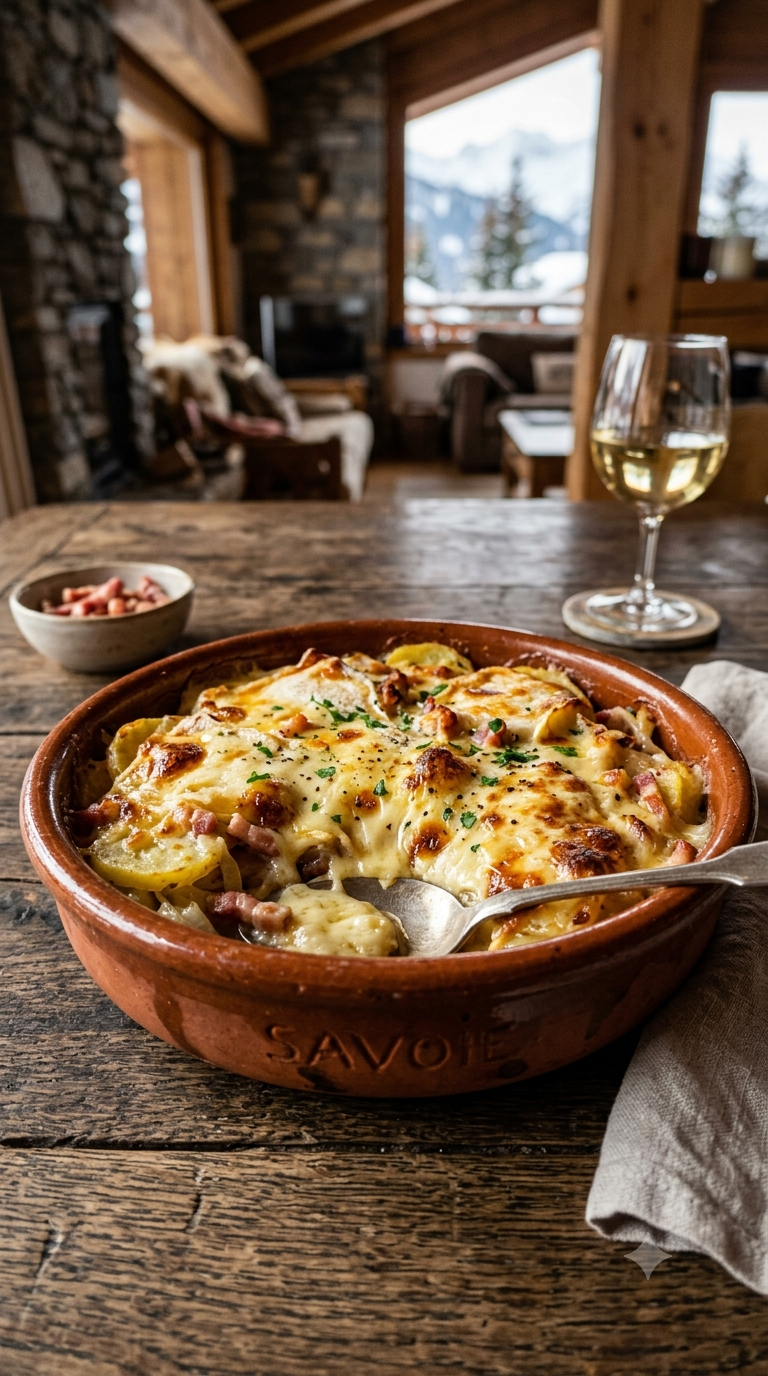 Tartiflette gratinée avec reblochon fondu dans un plat en terre cuite savoyarde