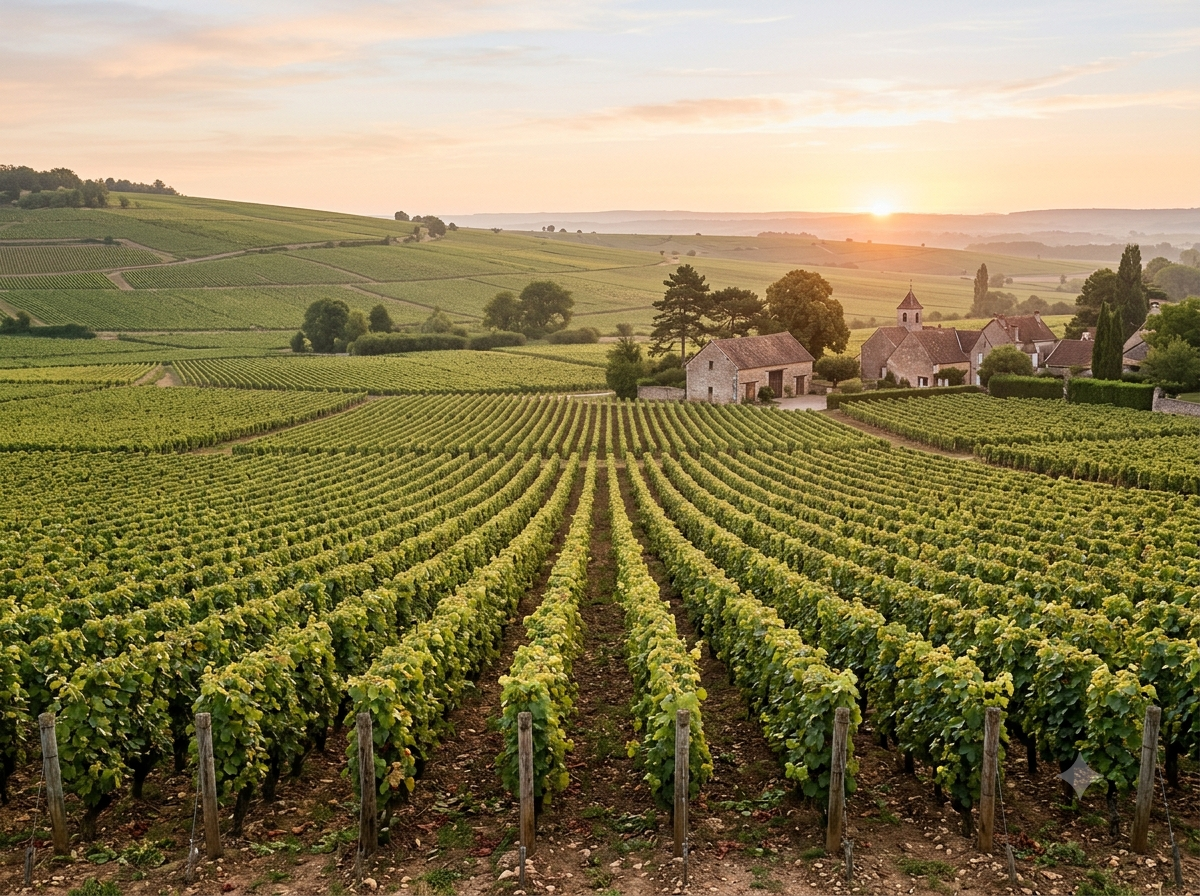 Vignoble de Bourgogne au lever du jour, rangées de vignes alignées