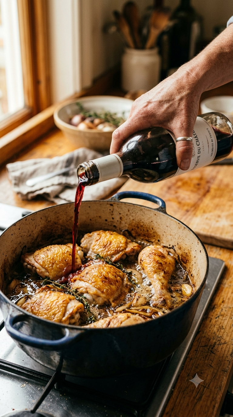 Main versant du vin rouge sur des morceaux de poulet doré dans une cocotte