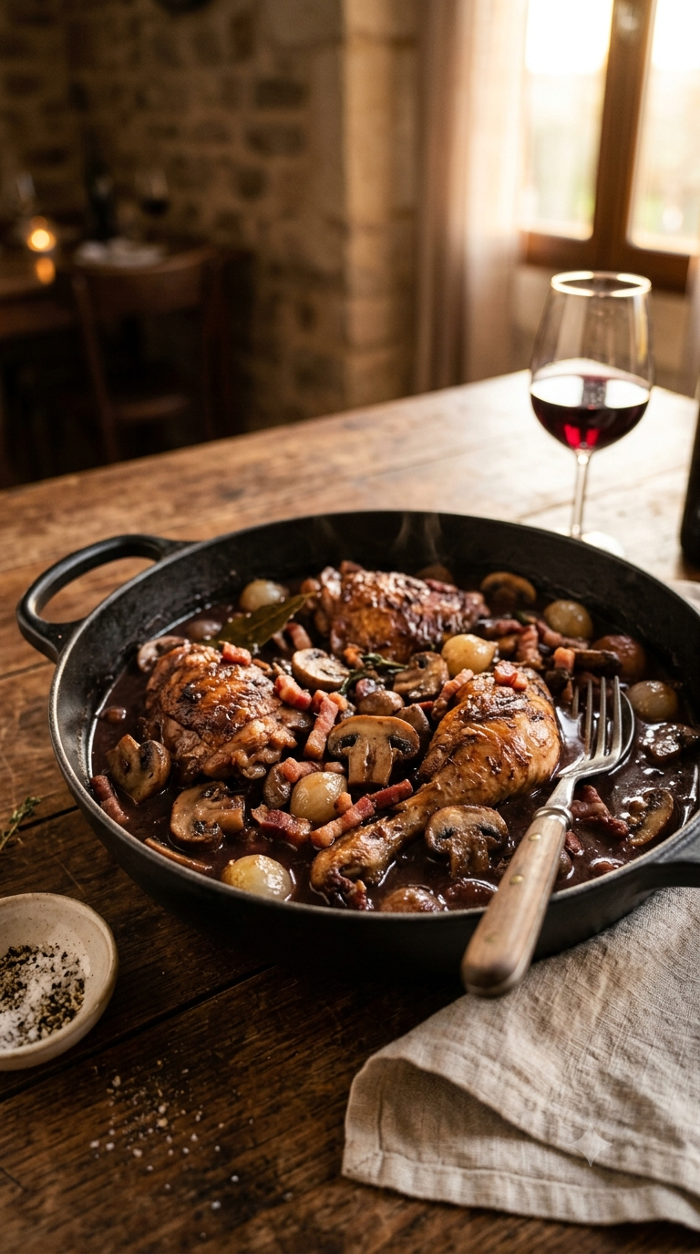 Coq au vin servi dans une cocotte en fonte noire, sauce brune riche