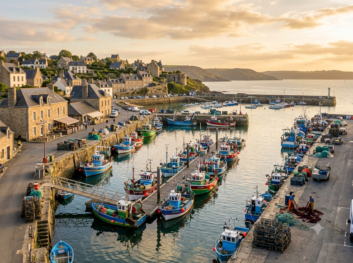 Port de pêche breton avec bateaux colorés amarrés